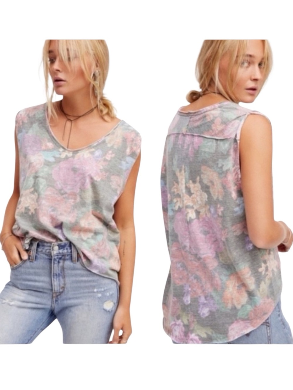 FREE PEOPLE WE THE FREE Gardenia Floral Print Tee Sleeveless Tank Top Women’s XS